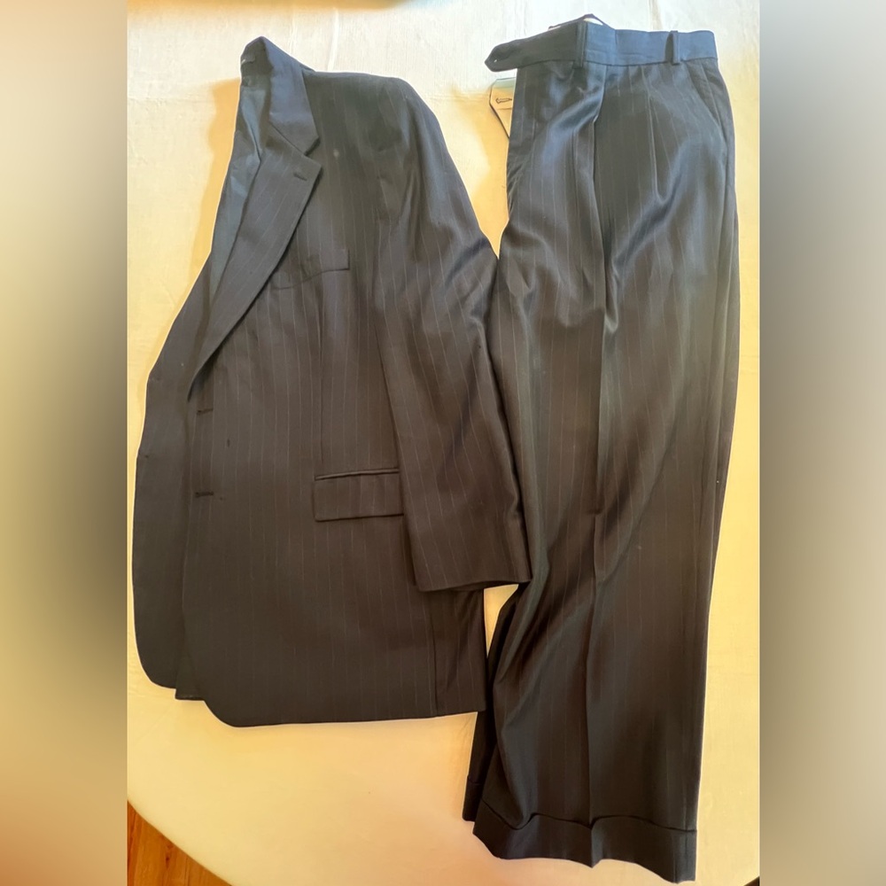 Ralph Lauren Vintage Men’s Blue Wool Cashmere 48R Pinstripe 2 Piece Suit *holes*